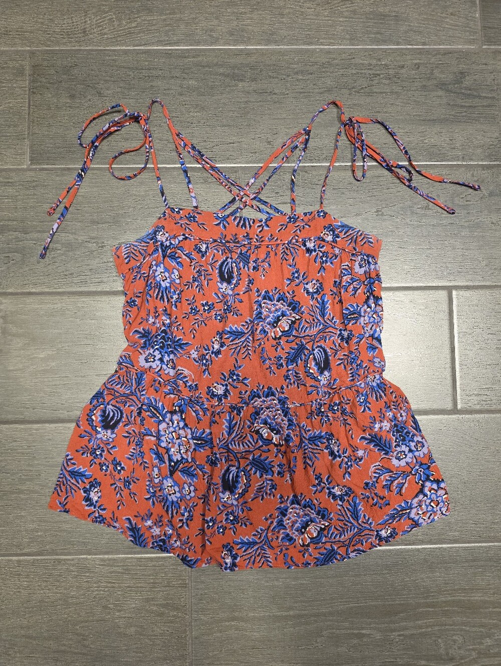 LOFT Patriotic Red White Blue Floral Criss Cross Peplum Tank Top Cami